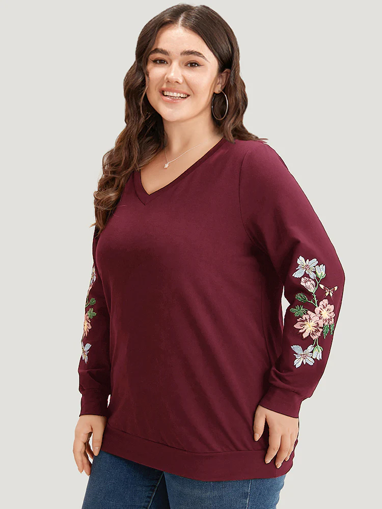 Floral Embroidered Elastic Cuffs V Neck Sweatshirt - Image 8