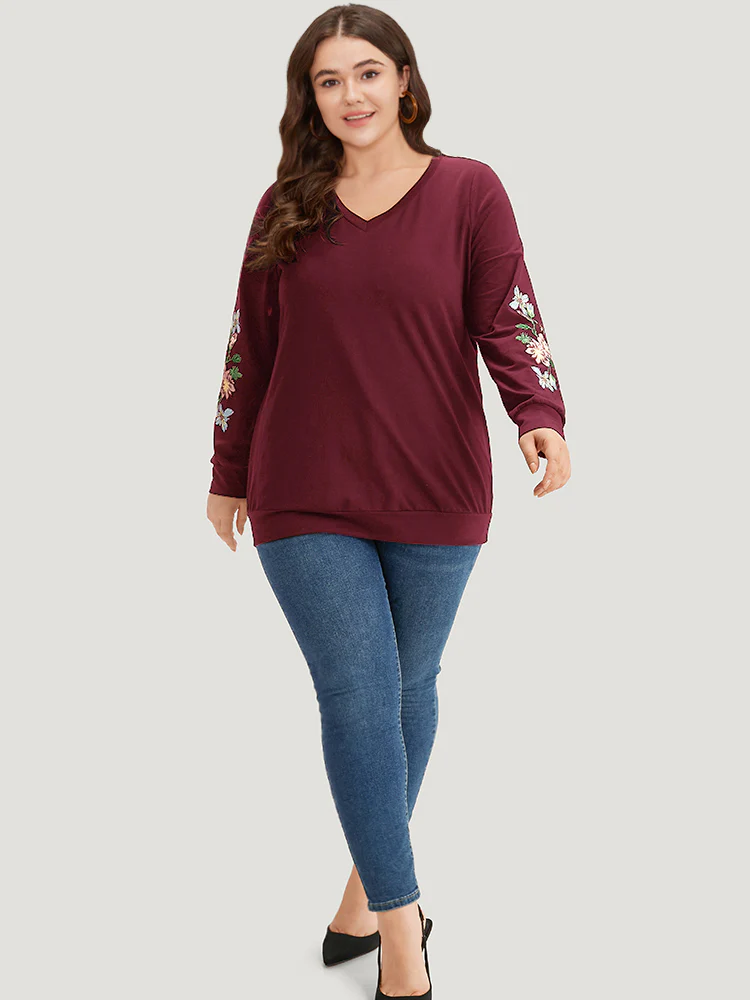 Floral Embroidered Elastic Cuffs V Neck Sweatshirt - Image 9