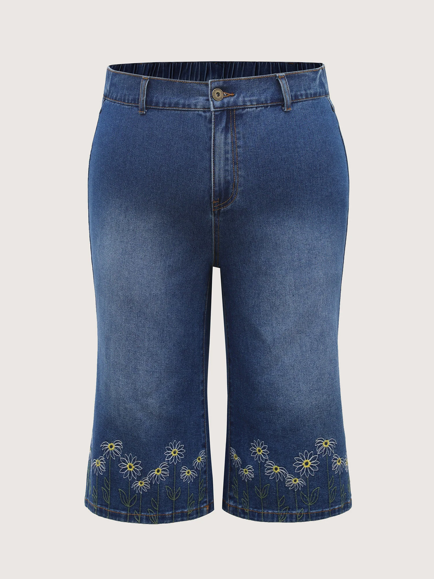 Floral Embroidered Elastic Waist Cropped Jeans - Image 8