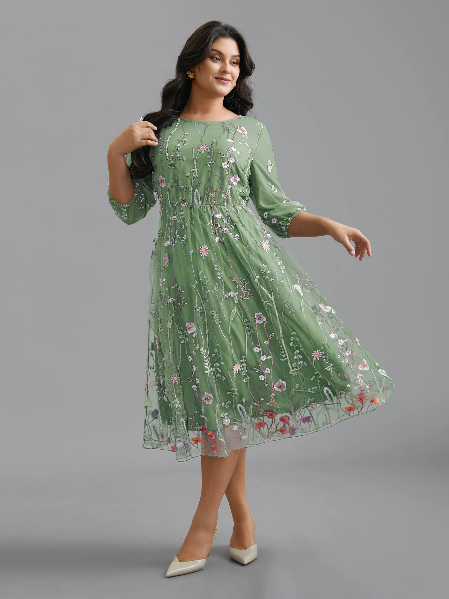 Floral Embroidered Elastic Waist Lined Midi Dress - Image 16