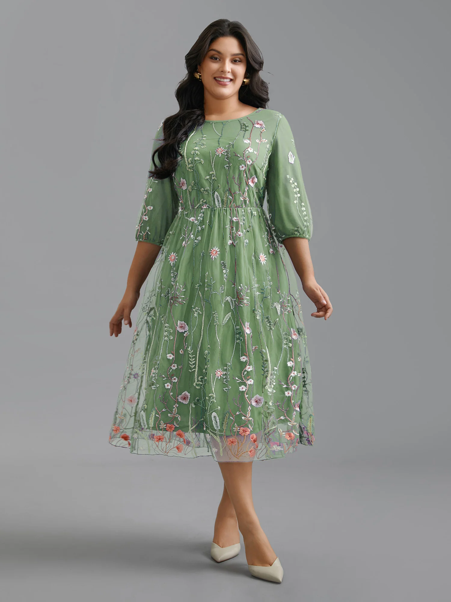 Floral Embroidered Elastic Waist Lined Midi Dress - Image 18
