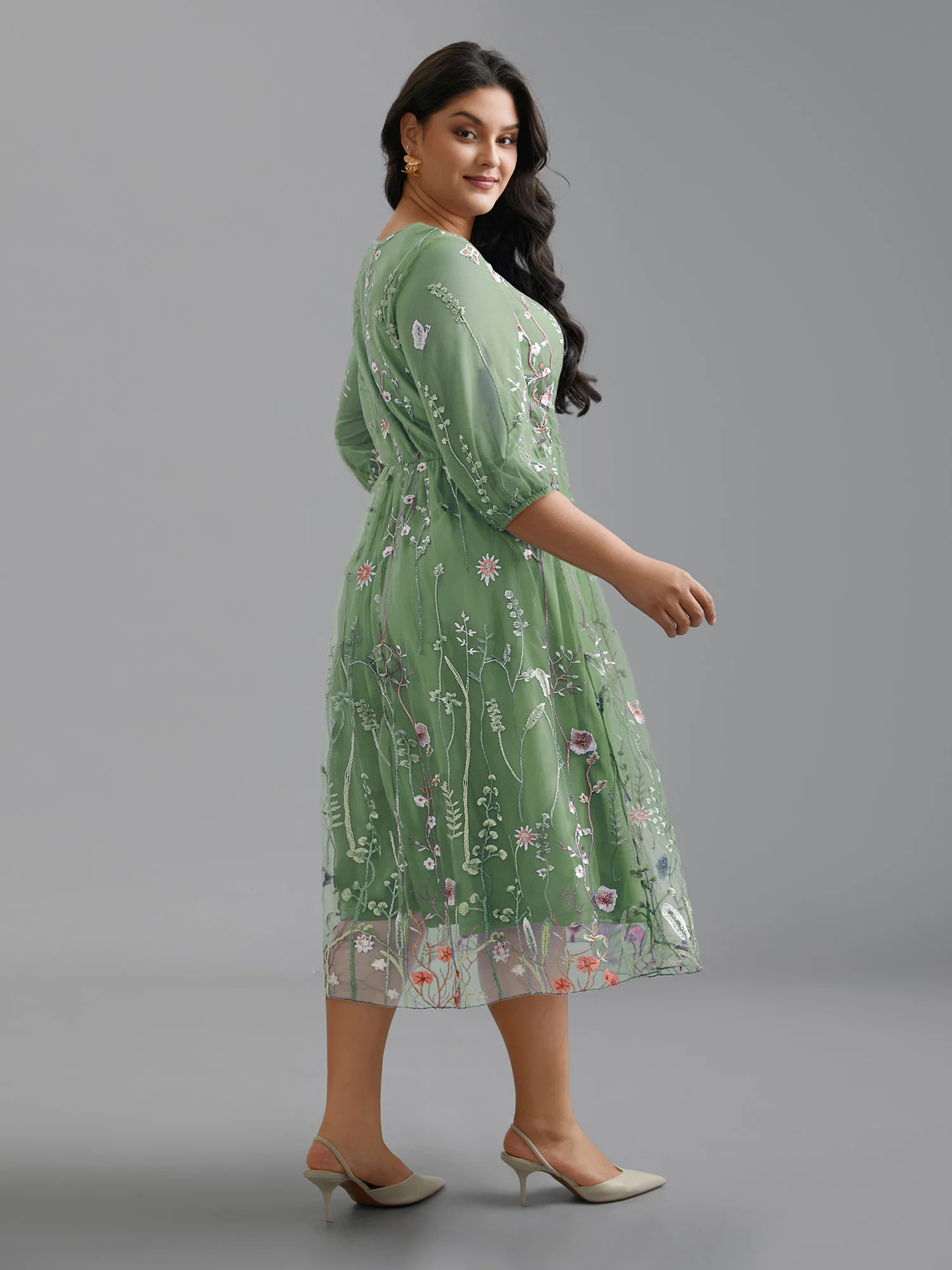Floral Embroidered Elastic Waist Lined Midi Dress - Image 19
