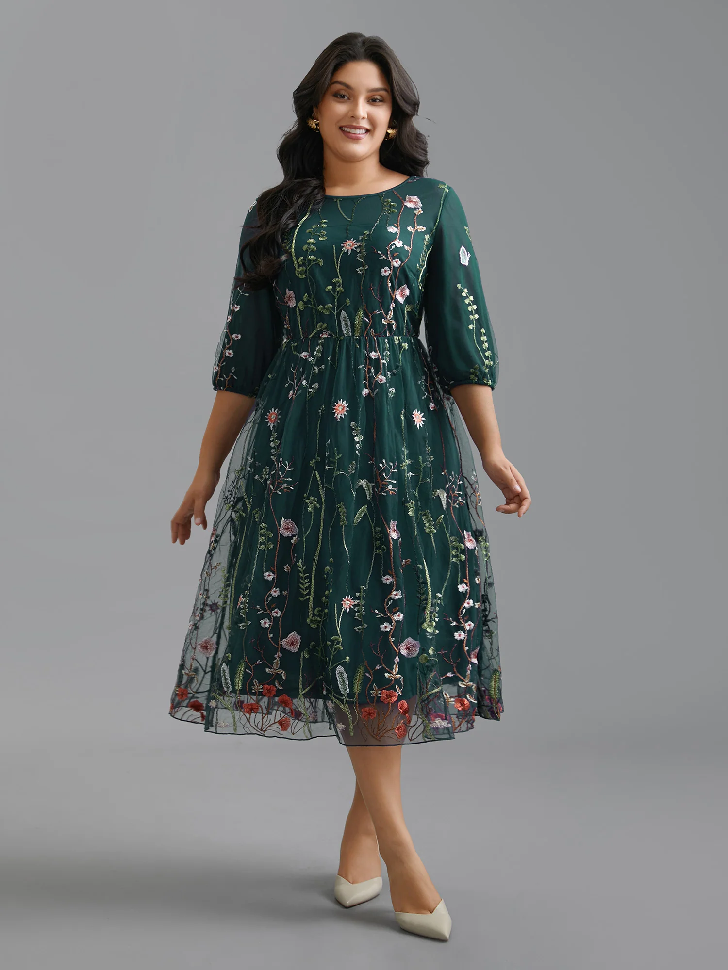 Floral Embroidered Elastic Waist Lined Midi Dress - Image 7