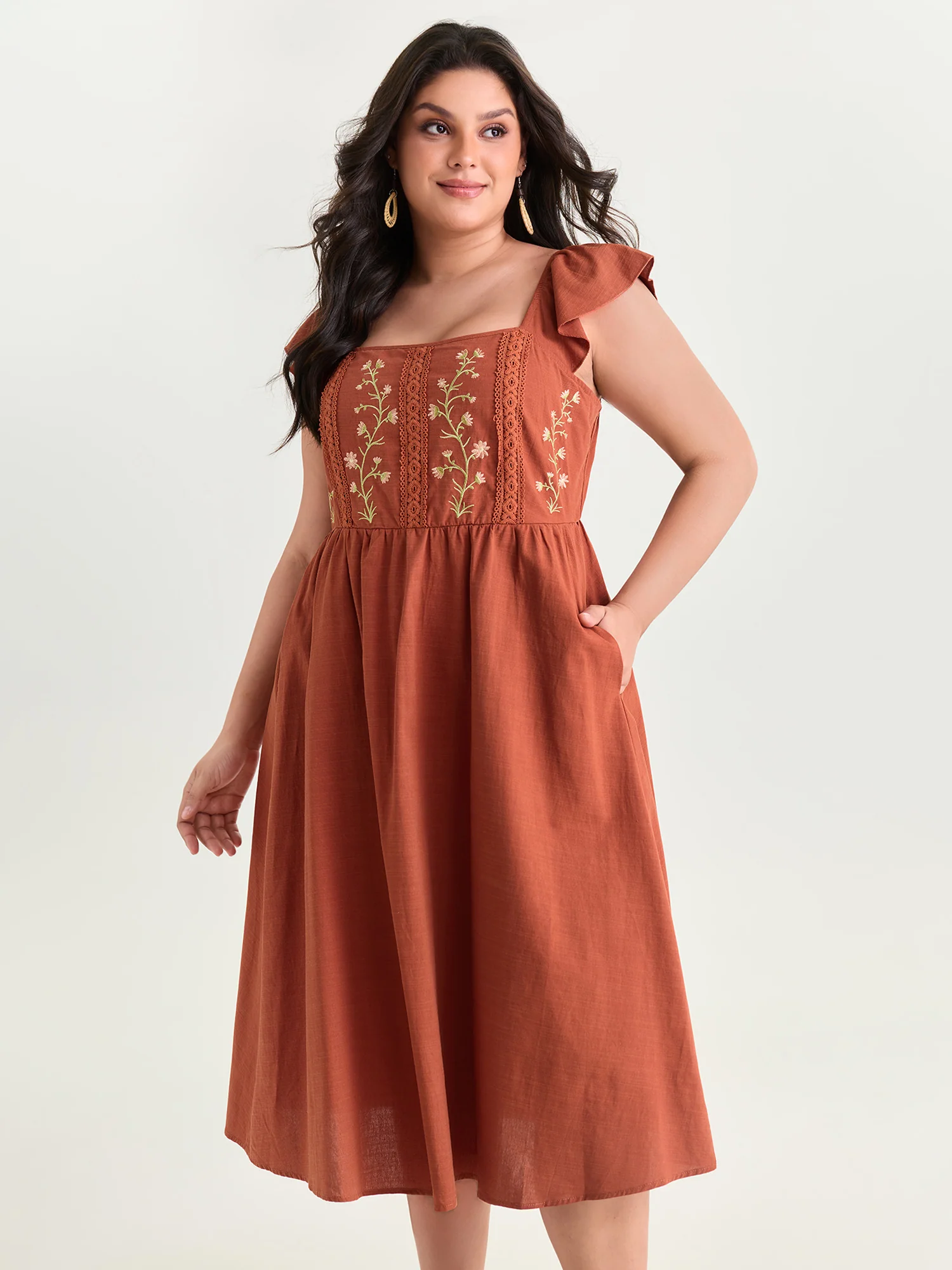 Floral Embroidered Flutter Sleeve Midi Dress - Image 2