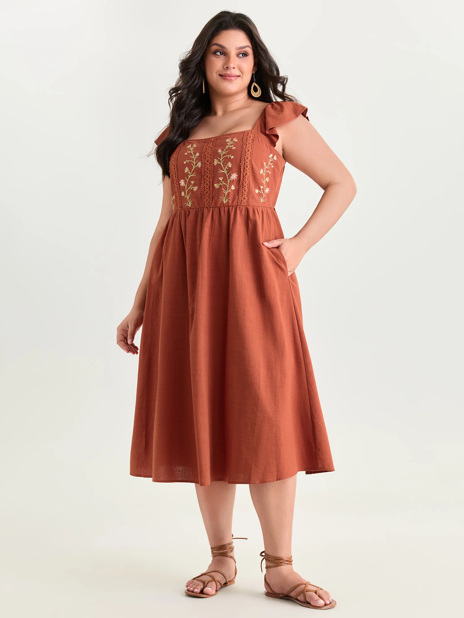 Floral Embroidered Flutter Sleeve Midi Dress - Image 4