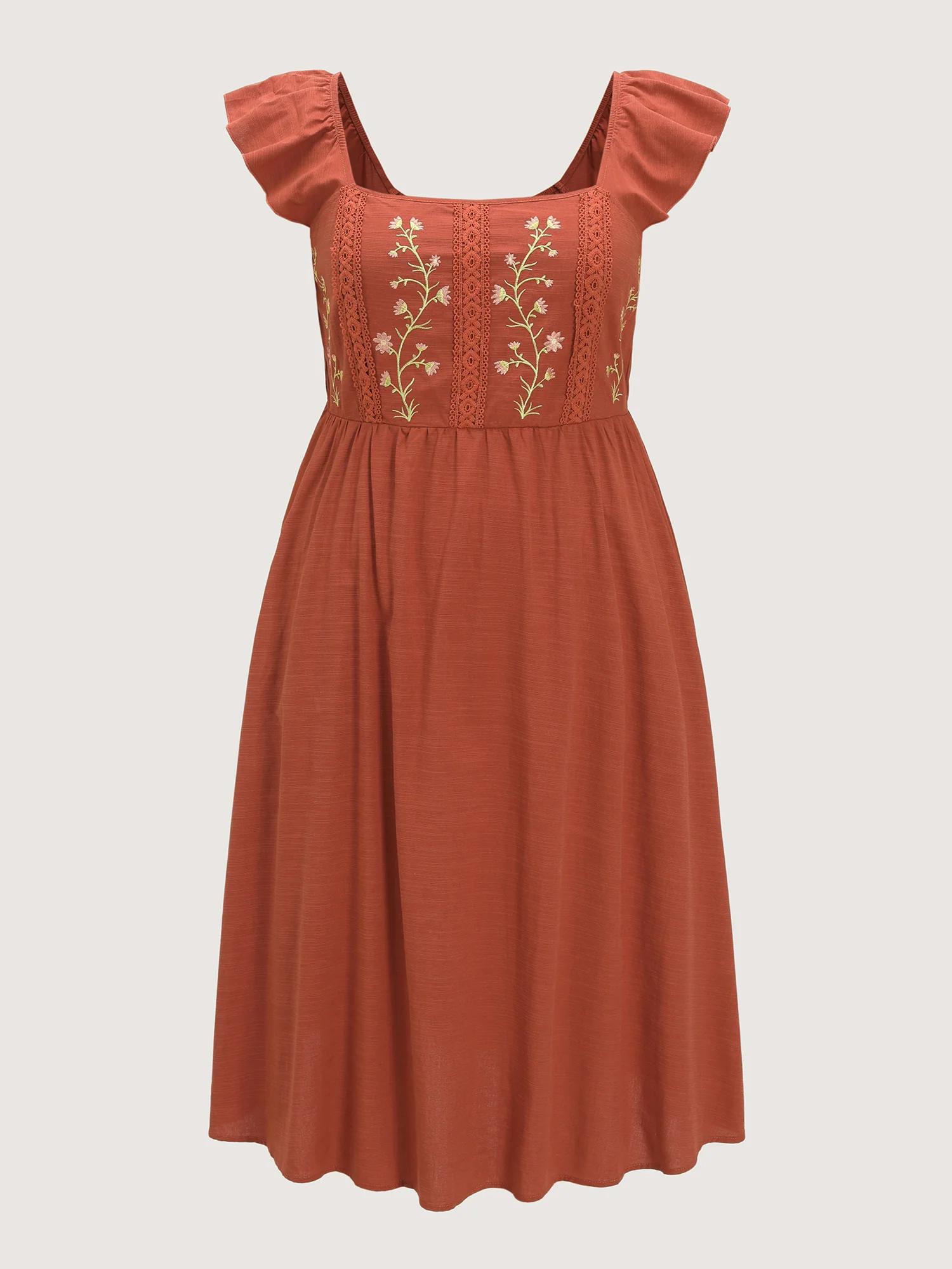 Floral Embroidered Flutter Sleeve Midi Dress - Image 7