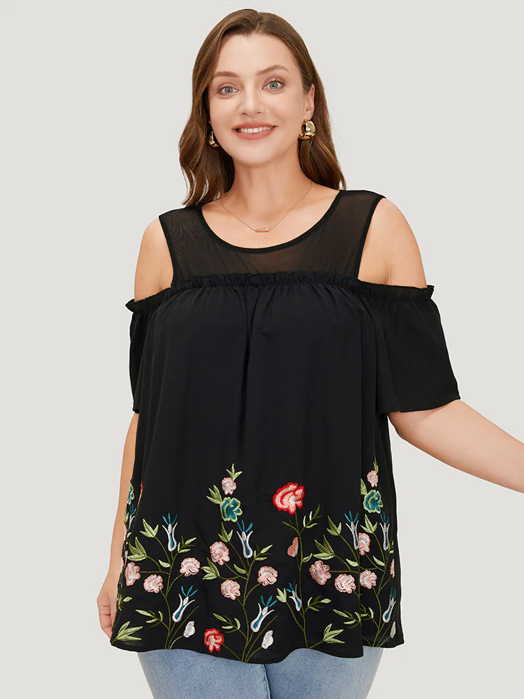 Floral Embroidered Frill Trim Cold Shoulder Blouse - Image 2
