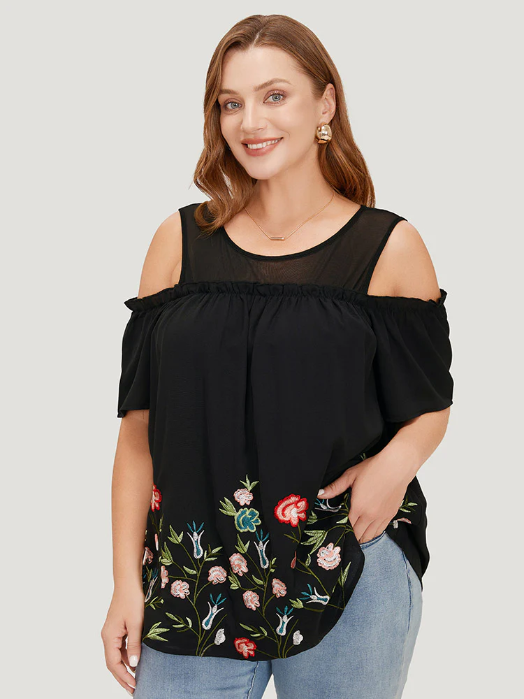 Floral Embroidered Frill Trim Cold Shoulder Blouse - Image 3