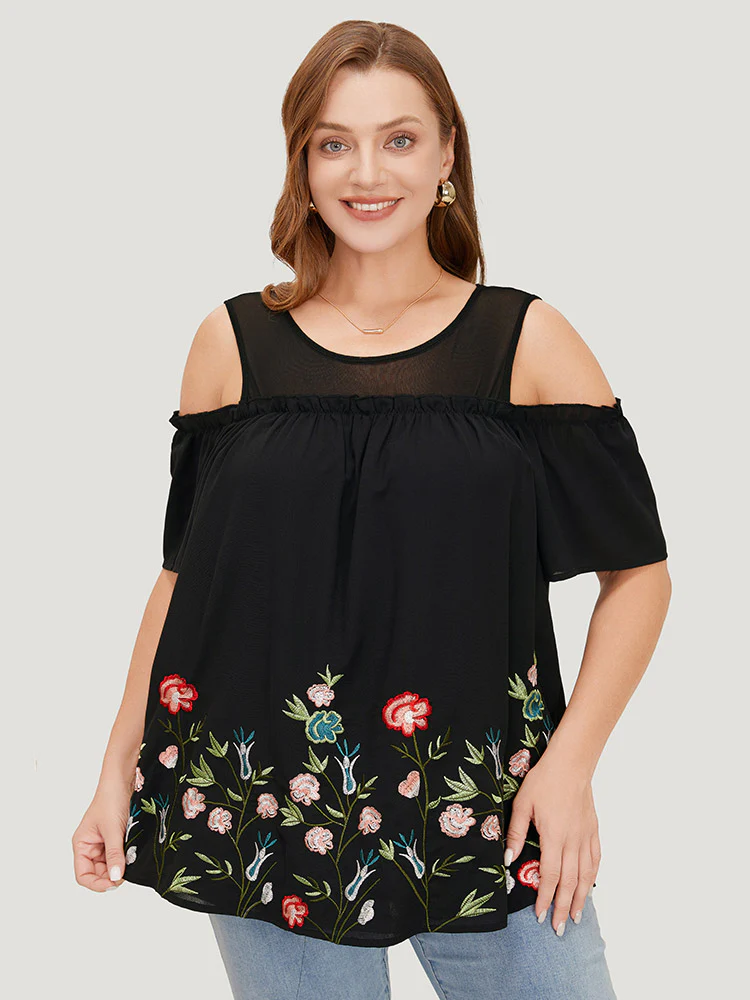 Floral Embroidered Frill Trim Cold Shoulder Blouse - Image 4