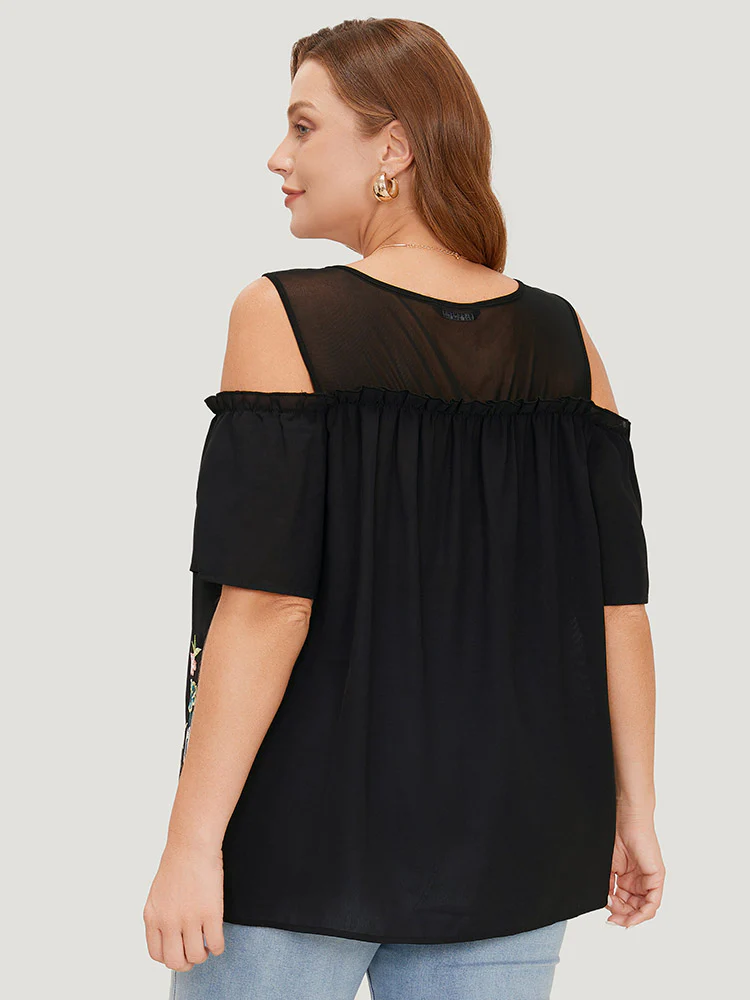 Floral Embroidered Frill Trim Cold Shoulder Blouse - Image 5