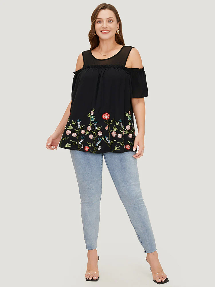 Floral Embroidered Frill Trim Cold Shoulder Blouse - Image 6