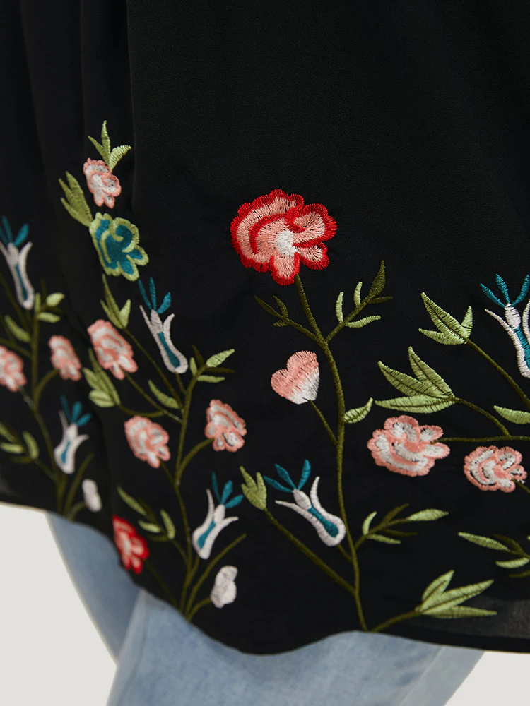 Floral Embroidered Frill Trim Cold Shoulder Blouse - Image 8
