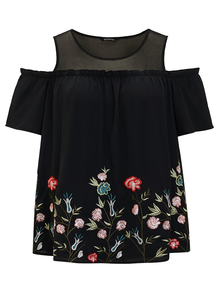 Floral Embroidered Frill Trim Cold Shoulder Blouse - Image 9