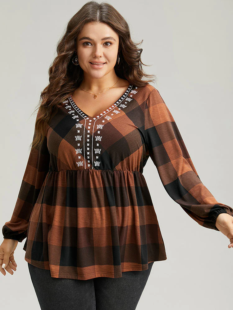 Floral Embroidered Gathered Lantern Sleeve T-shirt - Image 3