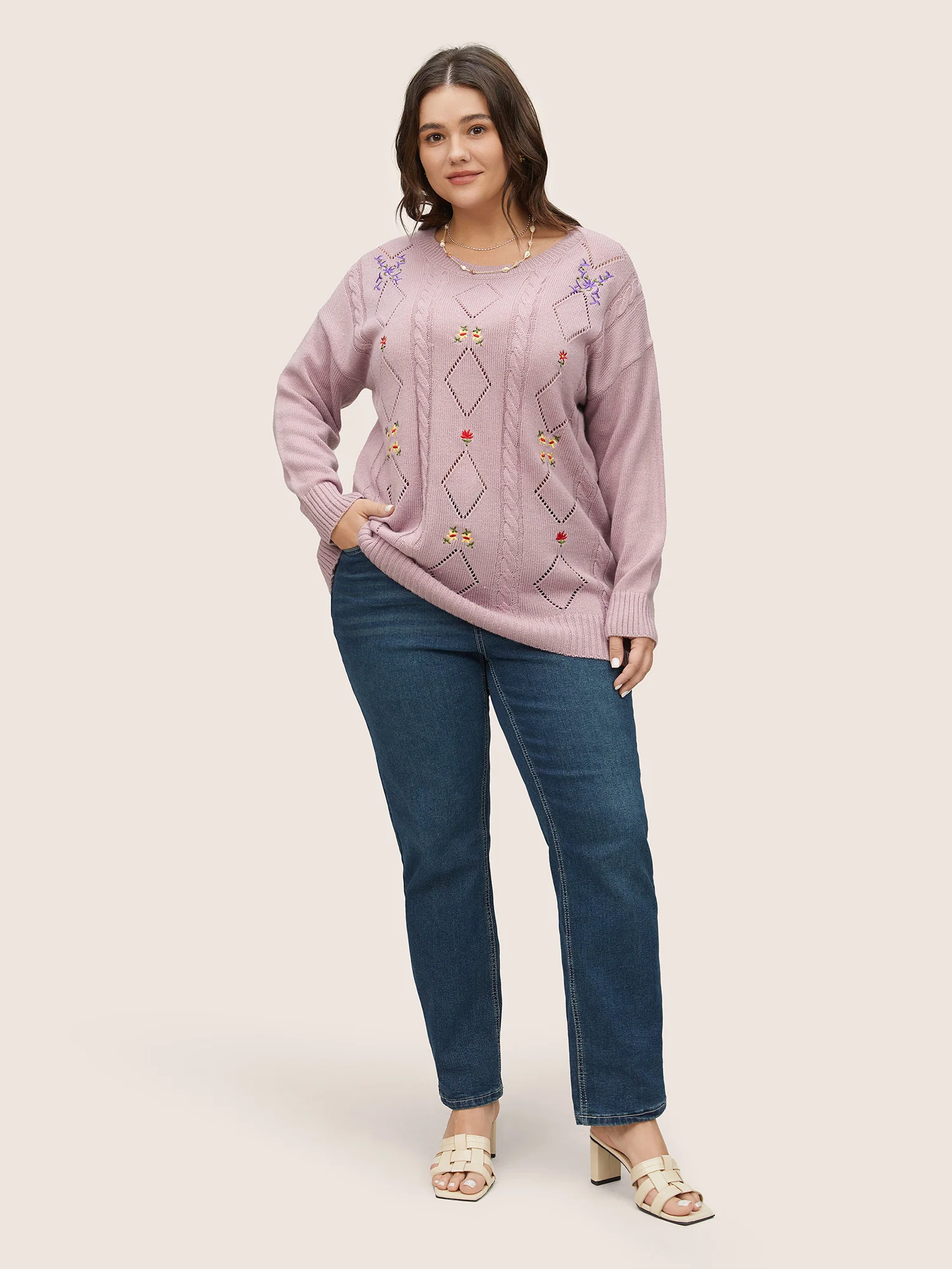 Floral Embroidered Geometric Hollow Out Cable Knit Pullover - Image 2