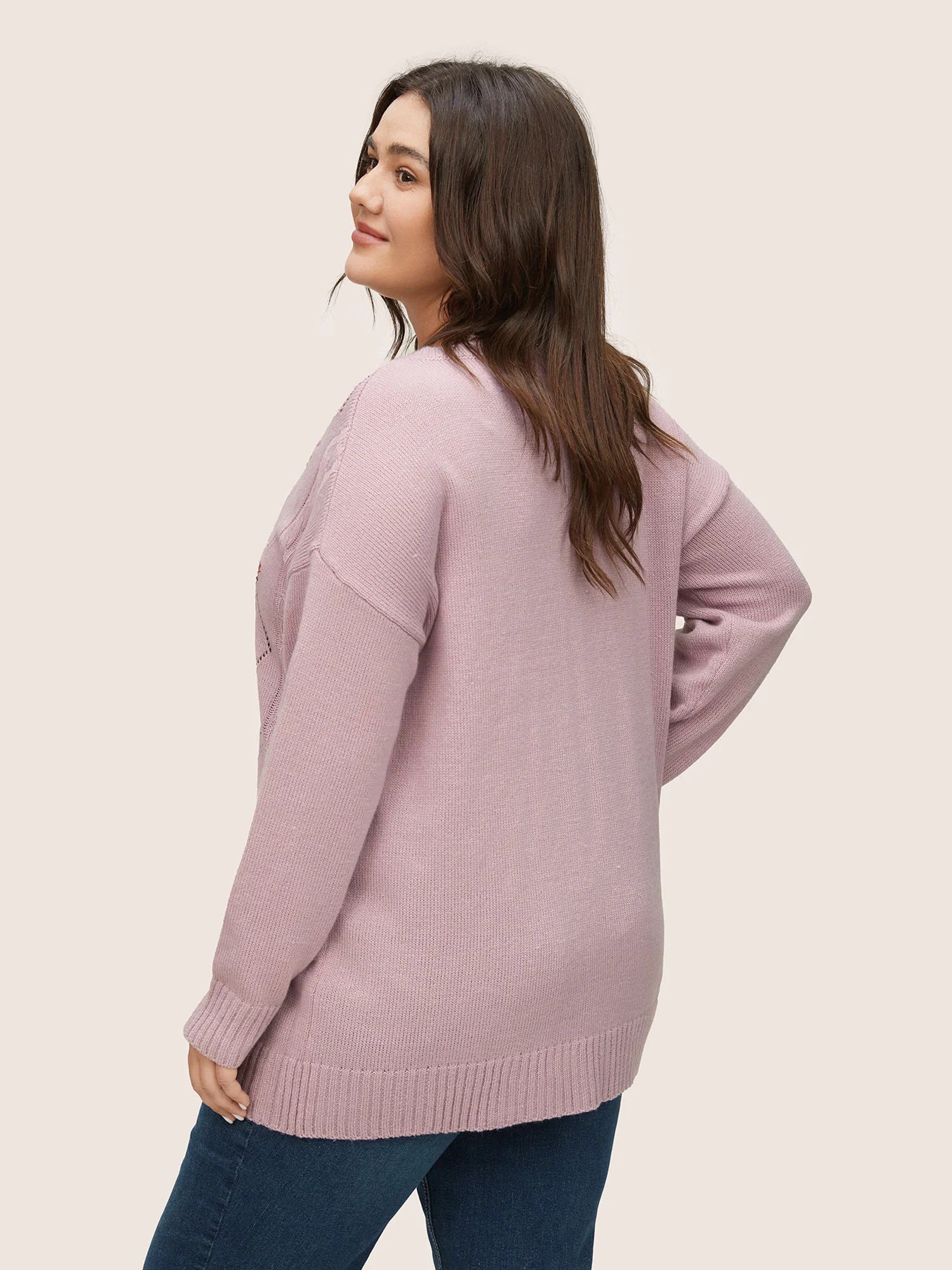 Floral Embroidered Geometric Hollow Out Cable Knit Pullover - Image 4
