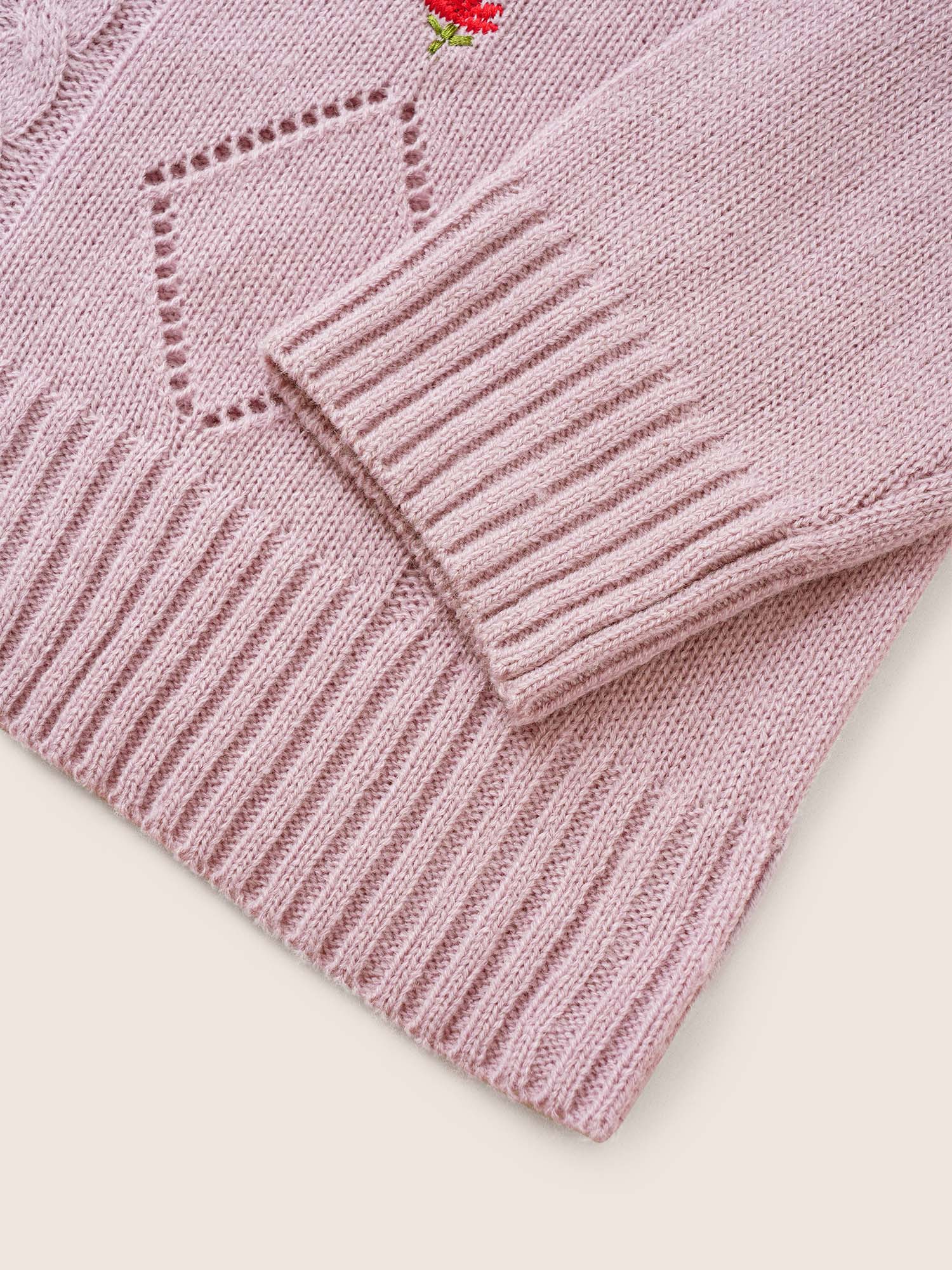 Floral Embroidered Geometric Hollow Out Cable Knit Pullover - Image 5