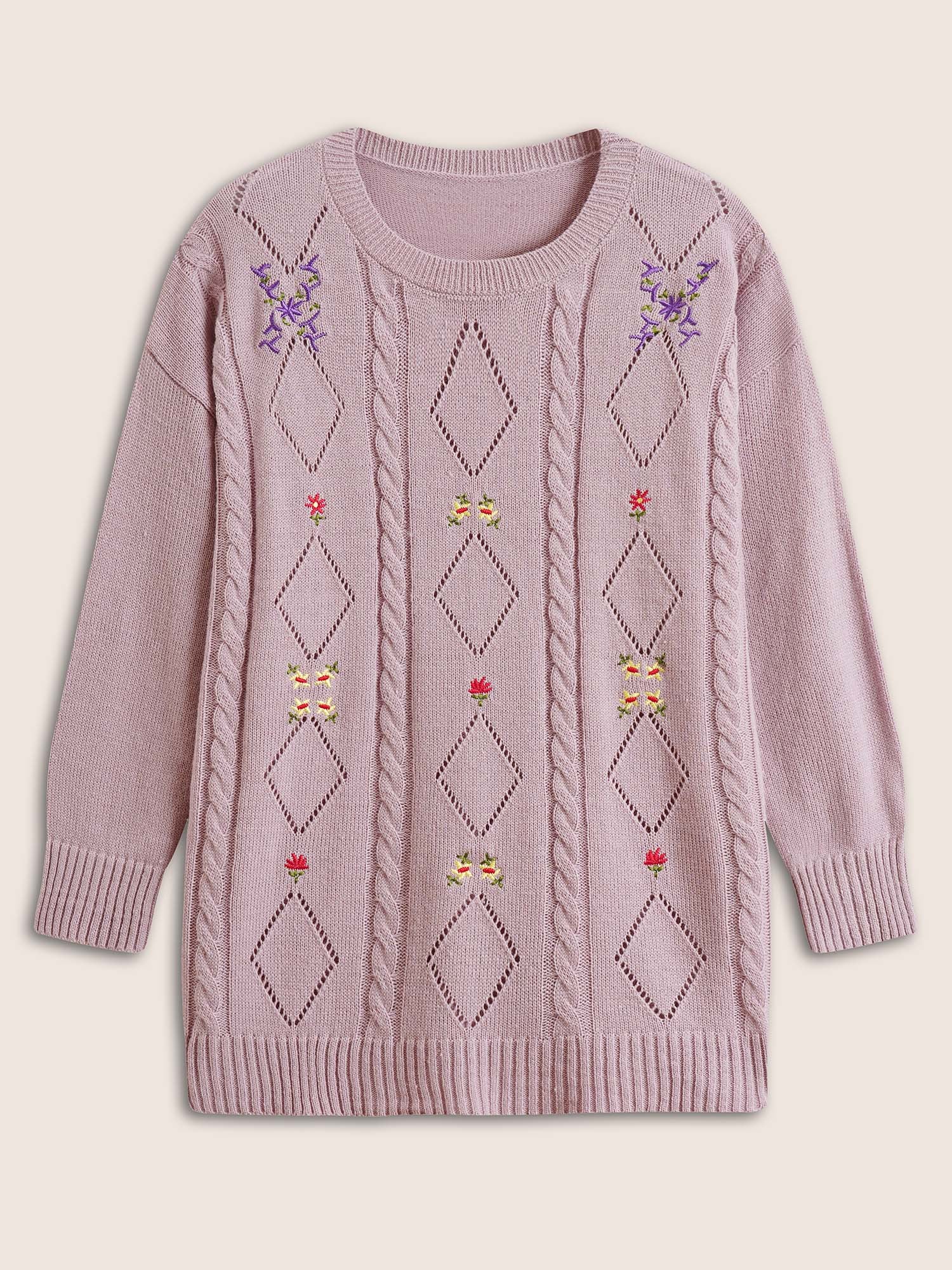 Floral Embroidered Geometric Hollow Out Cable Knit Pullover - Image 6