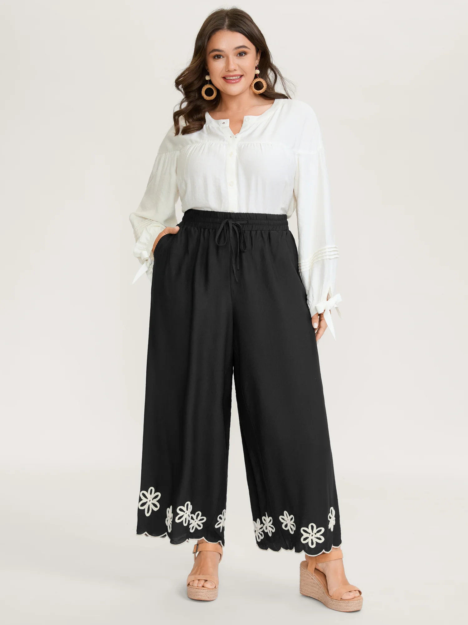 Floral Embroidered Hem Drawstring Pants - Image 2