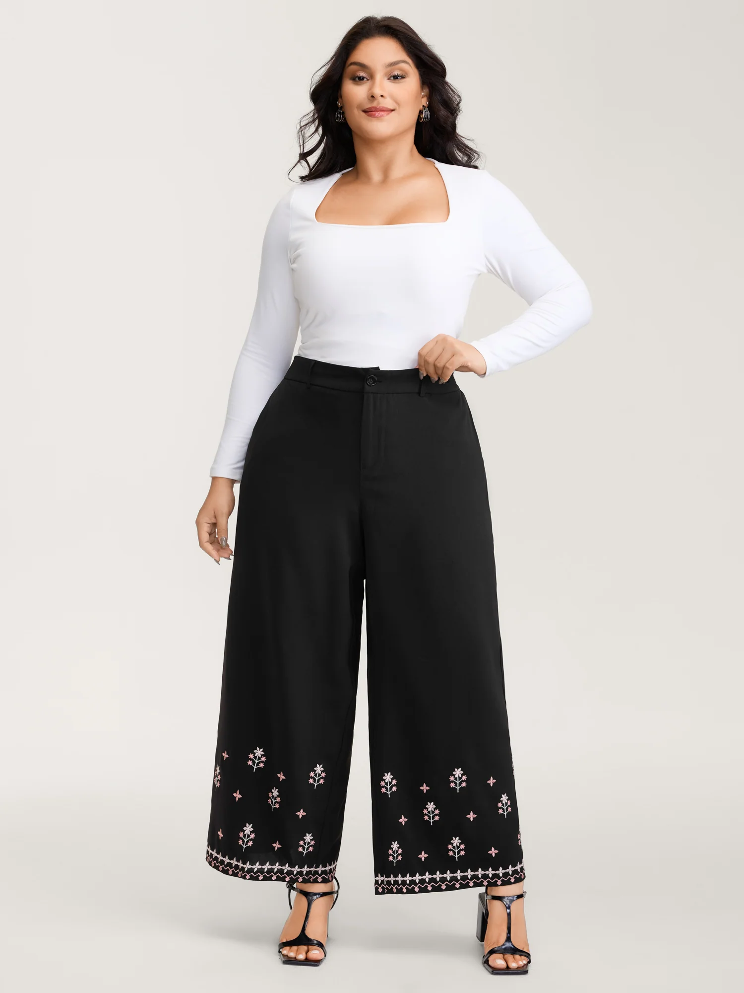 Floral Embroidered Hem Wide-Leg Pants - Image 2
