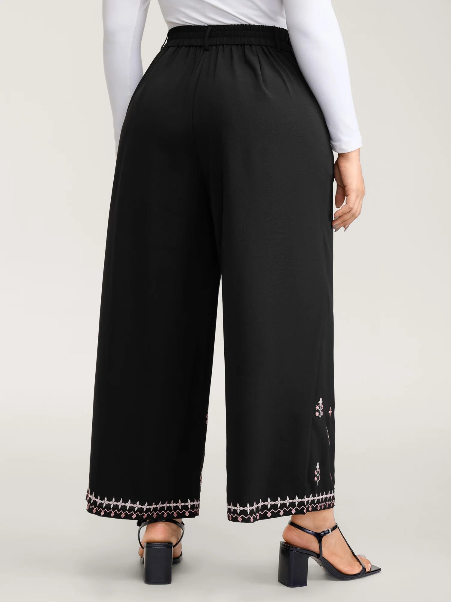 Floral Embroidered Hem Wide-Leg Pants - Image 6