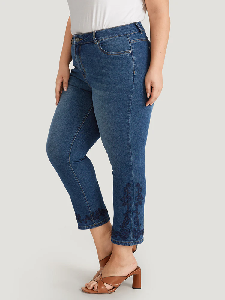 Floral Embroidered High Rise Dark Wash Jeans - Image 2