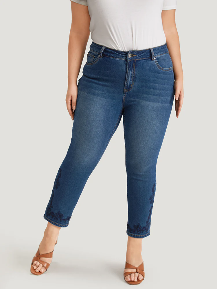 Floral Embroidered High Rise Dark Wash Jeans - Image 3