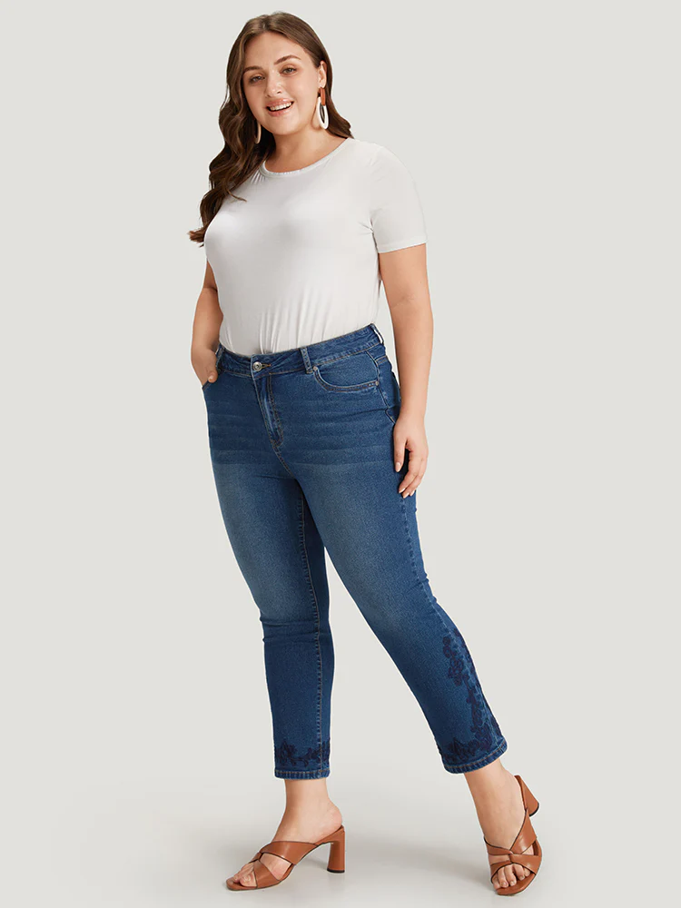 Floral Embroidered High Rise Dark Wash Jeans - Image 4