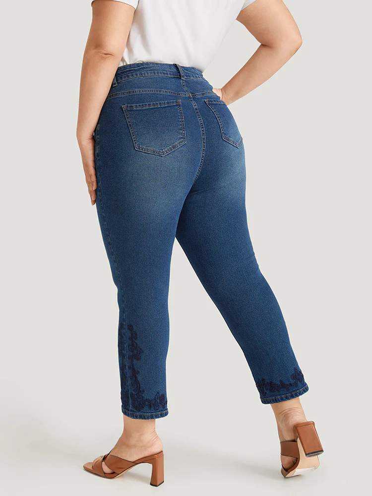 Floral Embroidered High Rise Dark Wash Jeans - Image 5