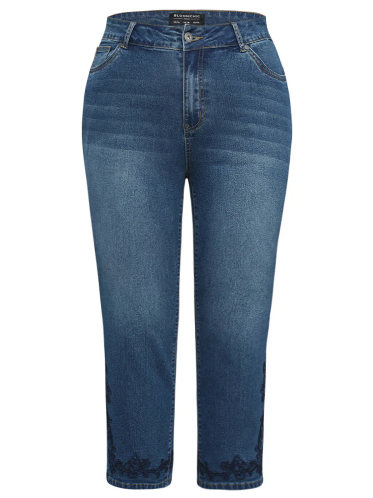 Floral Embroidered High Rise Dark Wash Jeans - Image 6
