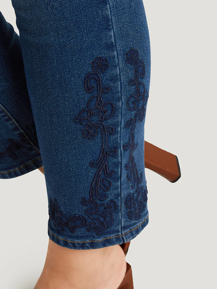 Floral Embroidered High Rise Dark Wash Jeans - Image 7