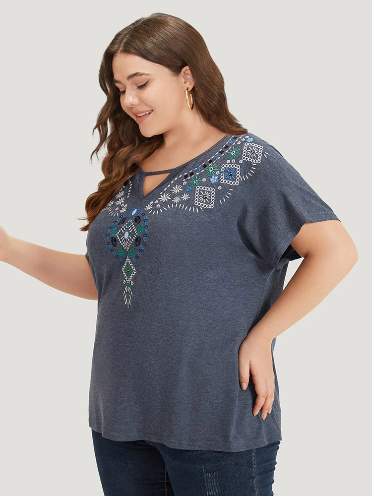 Floral Embroidered Keyhole Dolman Sleeve T-shirt - Image 4