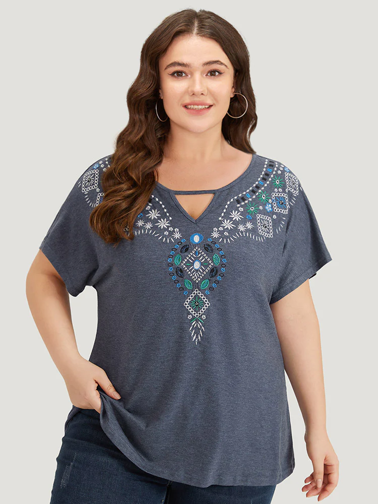 Floral Embroidered Keyhole Dolman Sleeve T-shirt - Image 5