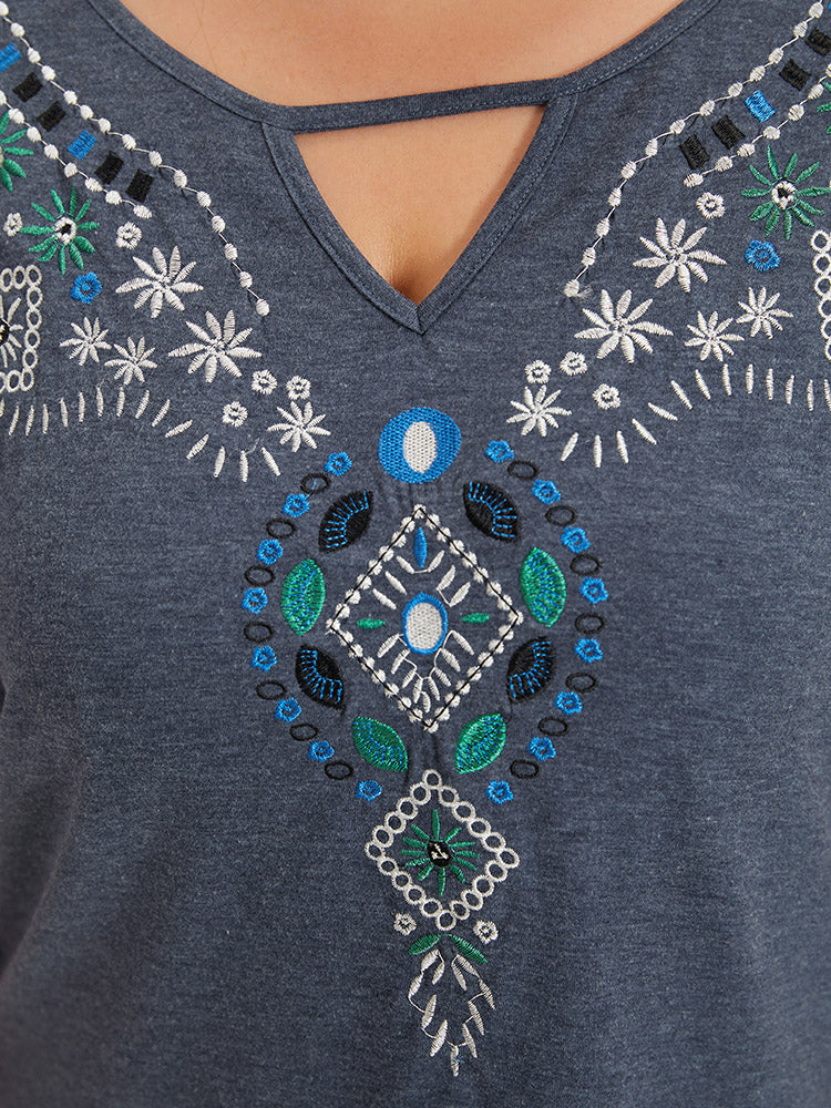 Floral Embroidered Keyhole Dolman Sleeve T-shirt - Image 6