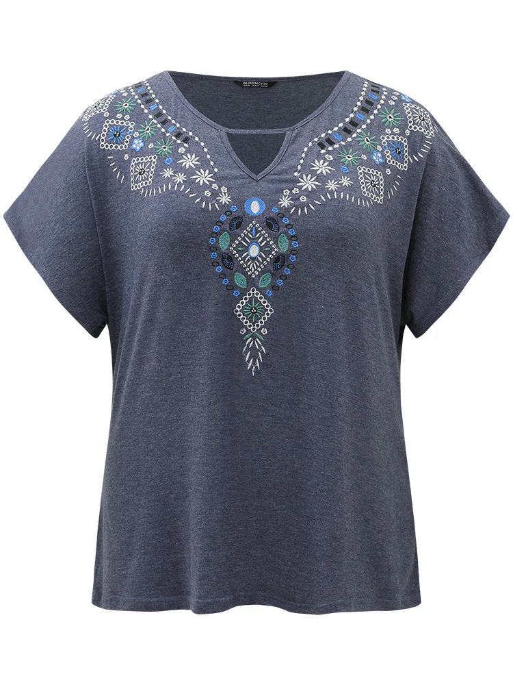Floral Embroidered Keyhole Dolman Sleeve T-shirt - Image 8