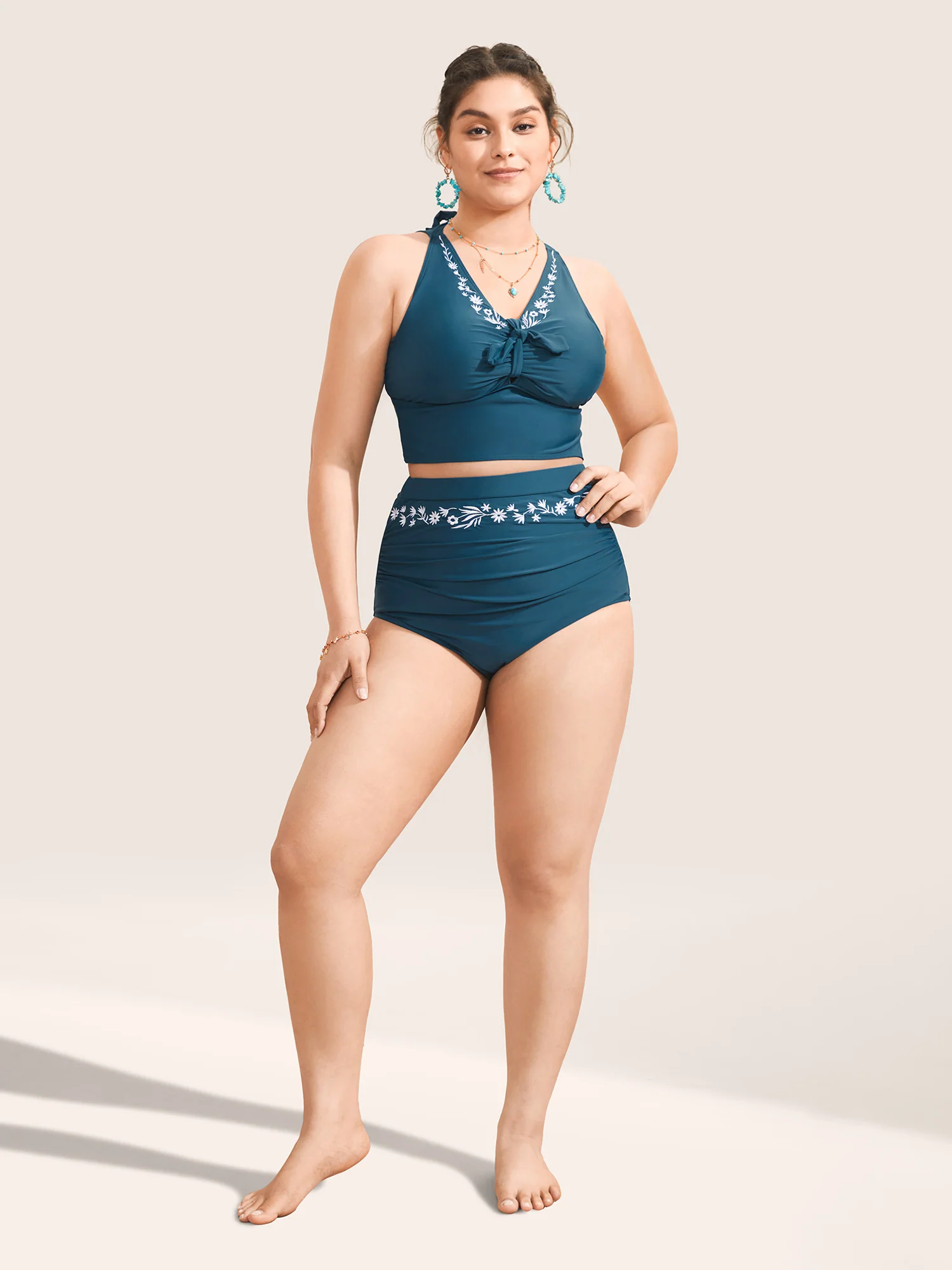 Floral Embroidered Knot Ruched Swim Top - Image 3