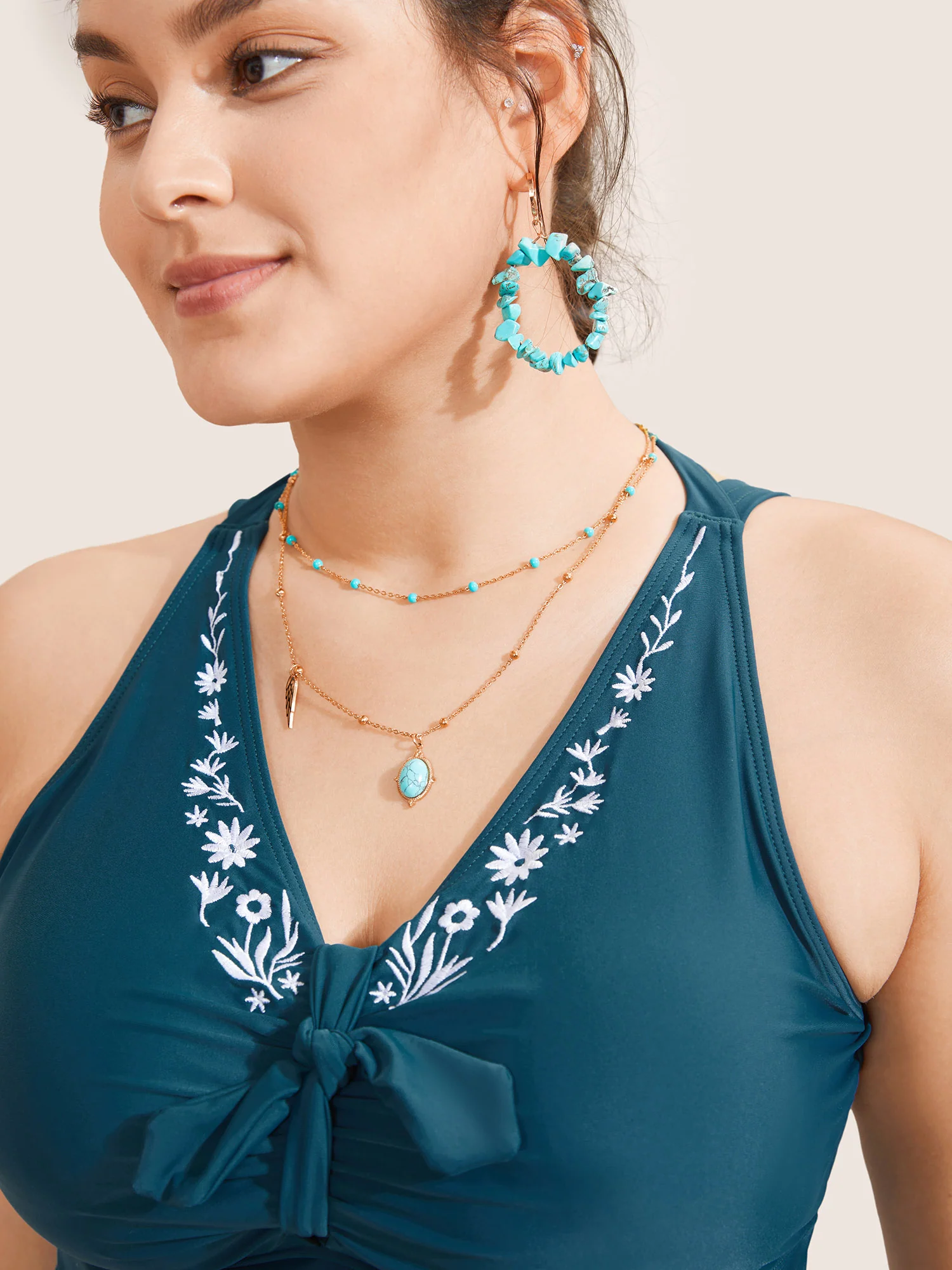 Floral Embroidered Knot Ruched Swim Top - Image 4