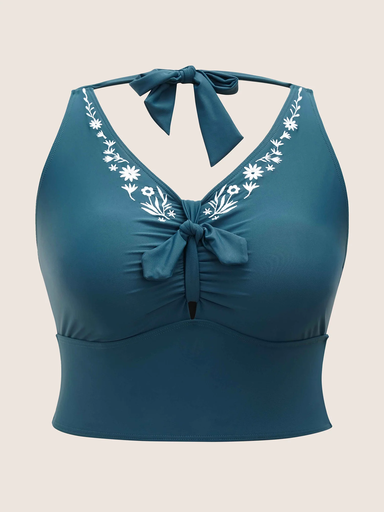 Floral Embroidered Knot Ruched Swim Top - Image 6