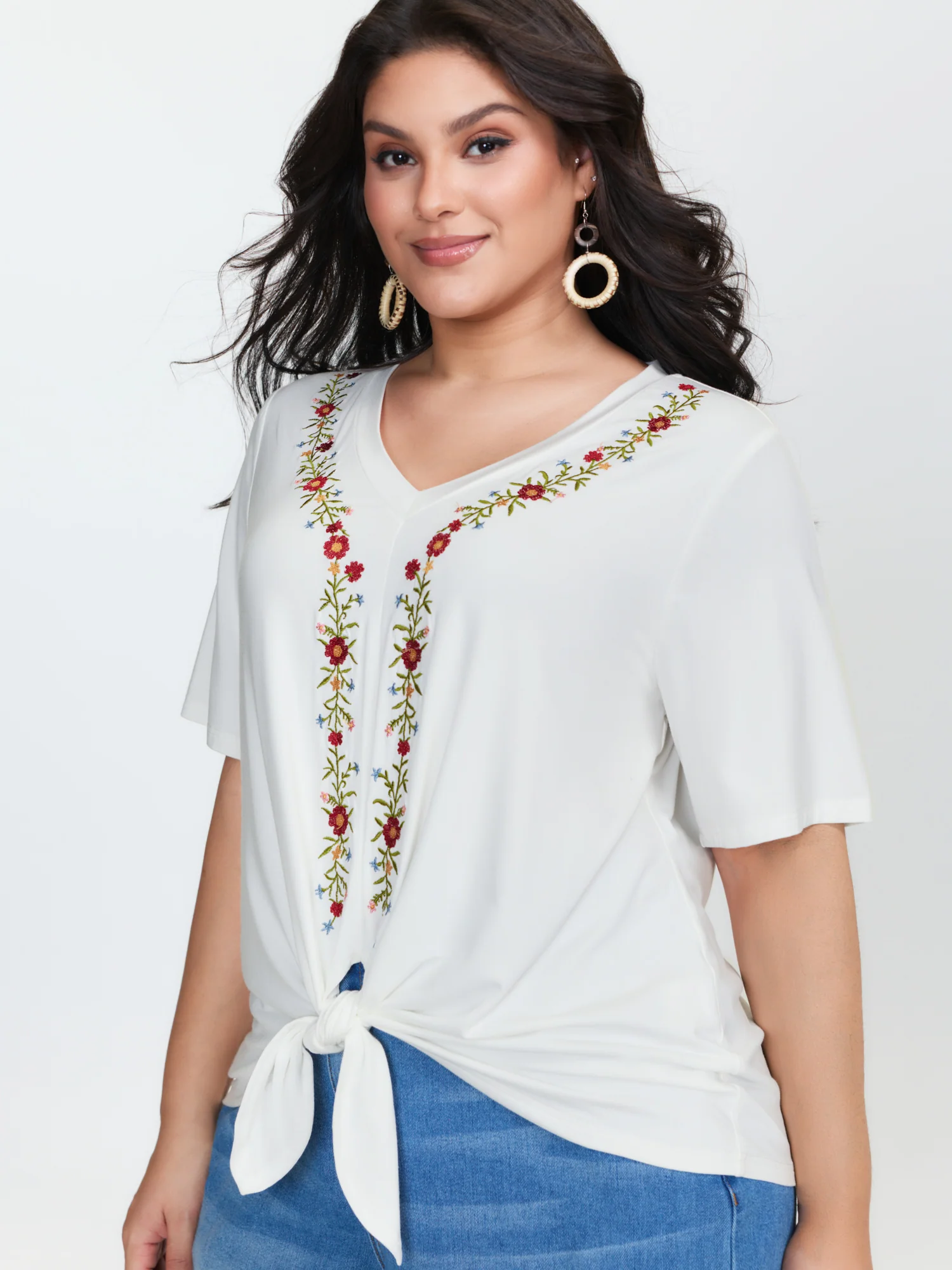 Floral Embroidered Knotted-Front Blouse - Image 2