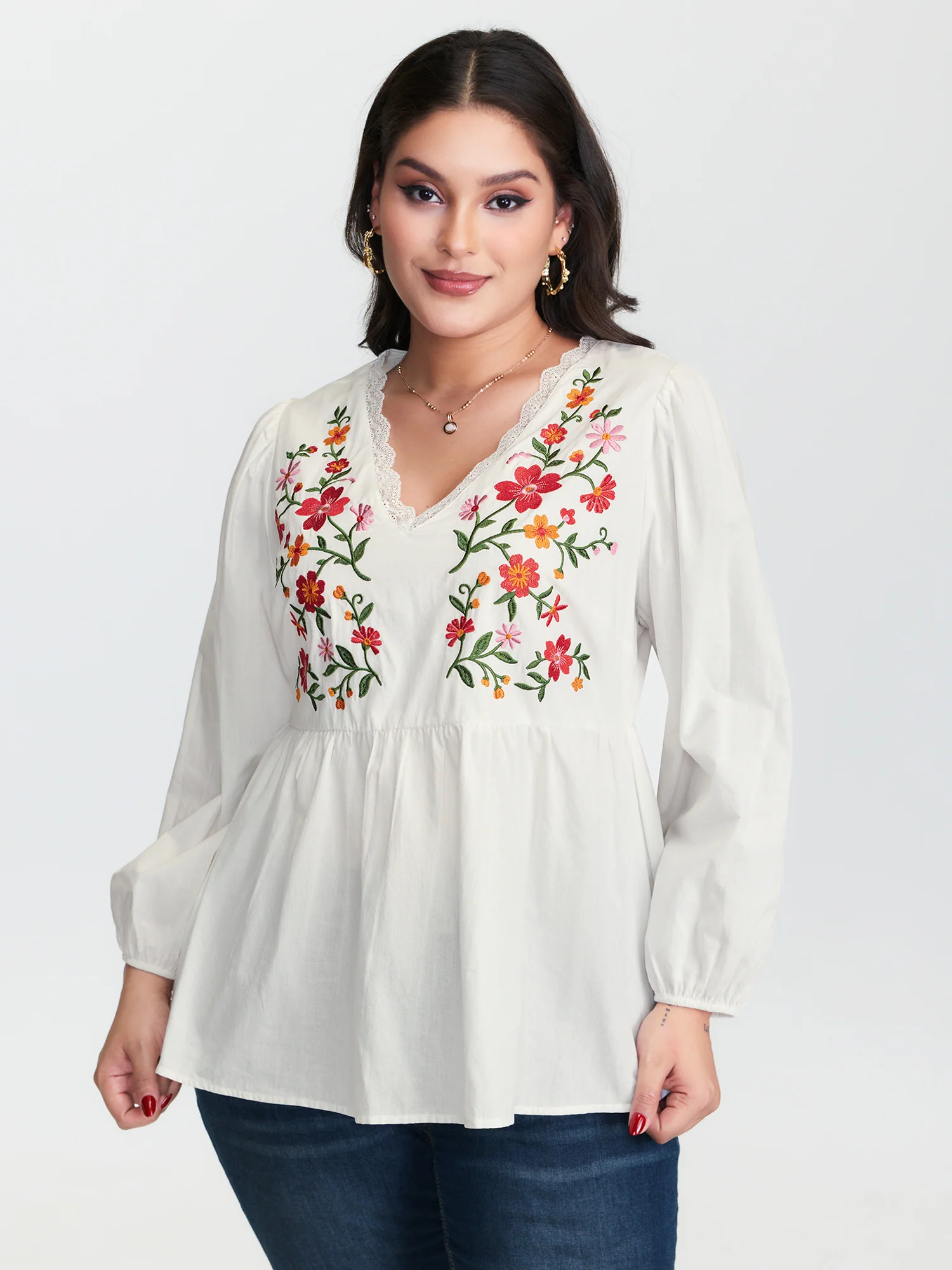 Floral Embroidered Lace Cinched Flared Blouse