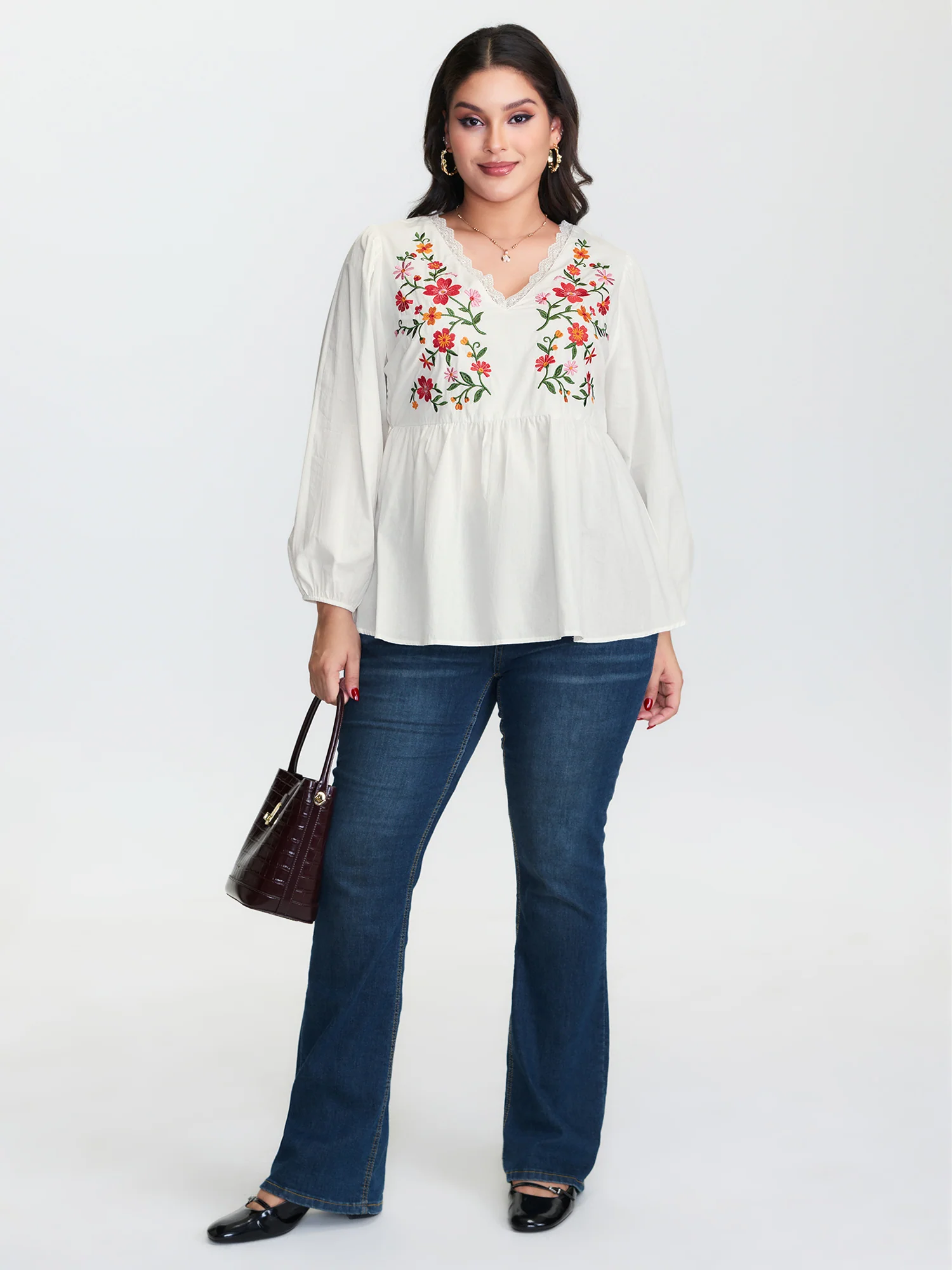 Floral Embroidered Lace Cinched Flared Blouse - Image 2