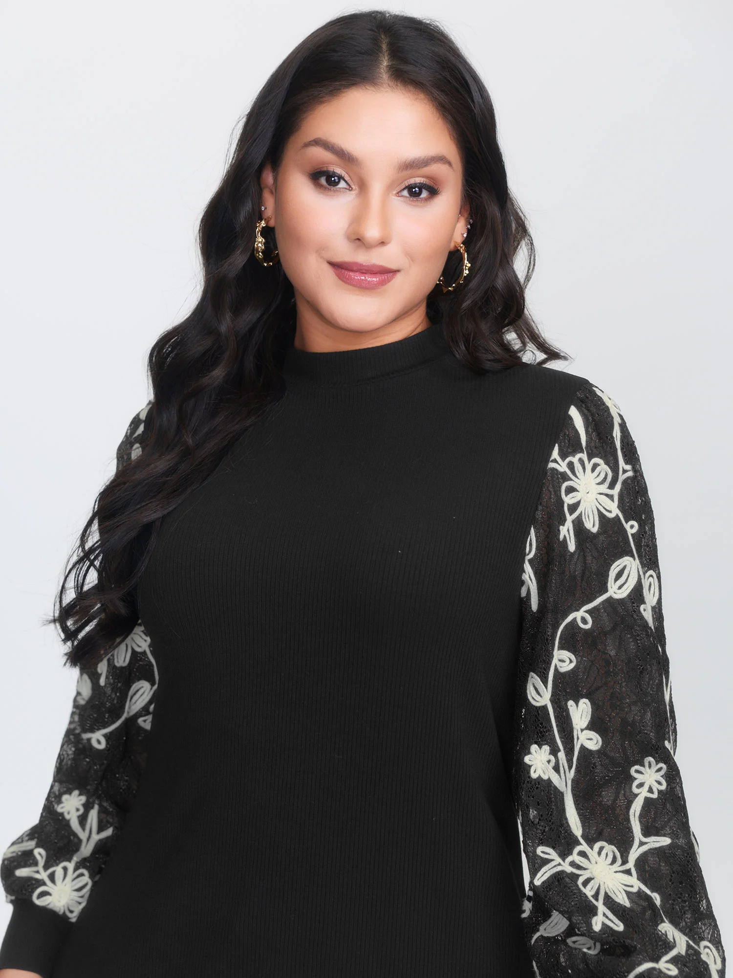 Floral Embroidered Lace Mock Neck Knit Top - Image 2