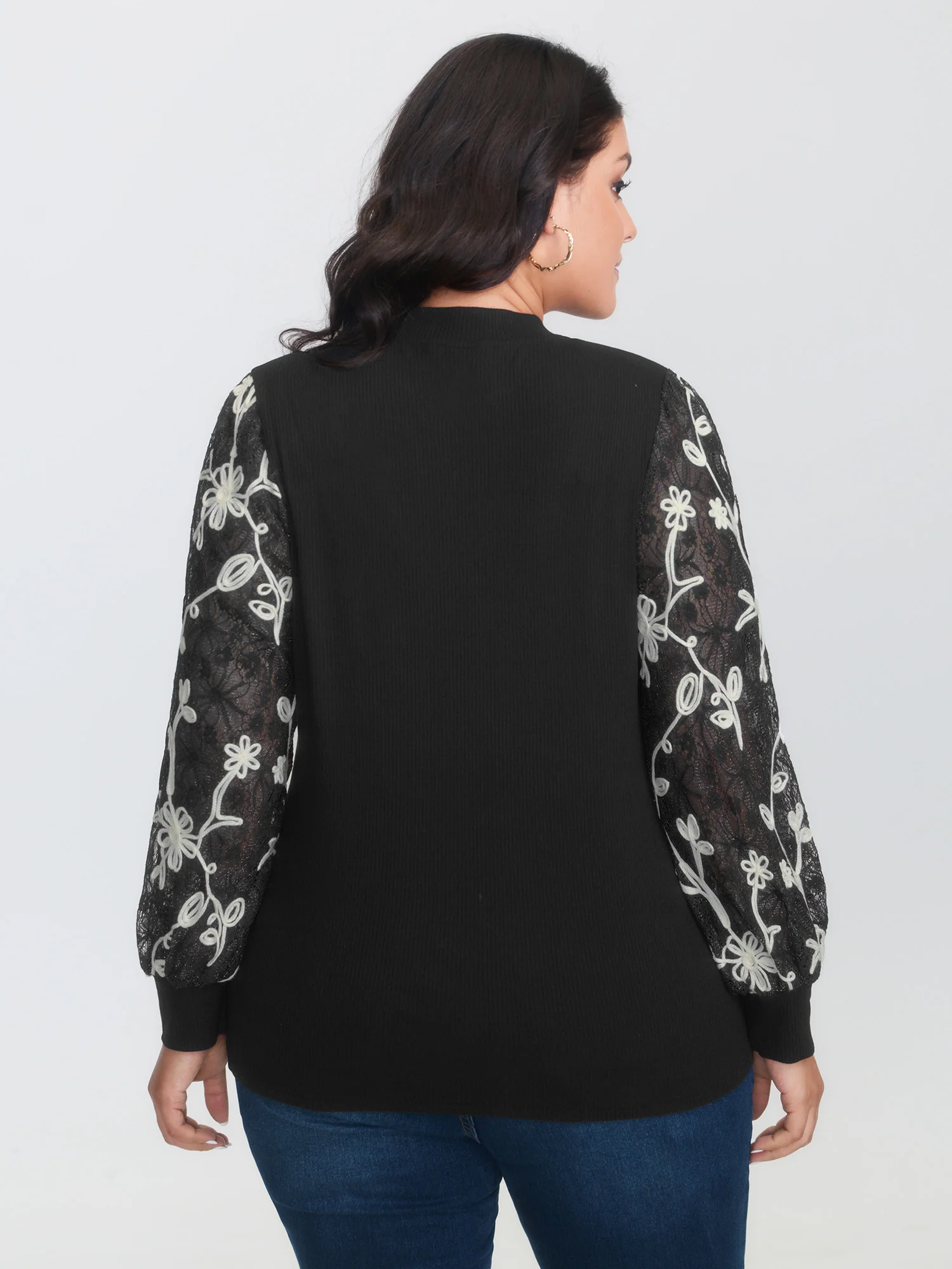 Floral Embroidered Lace Mock Neck Knit Top - Image 4
