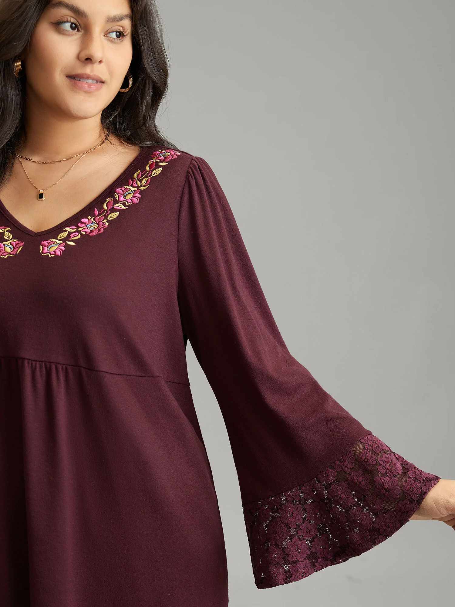 Floral Embroidered Lace Panel Bell Sleeve T-shirt - Image 2