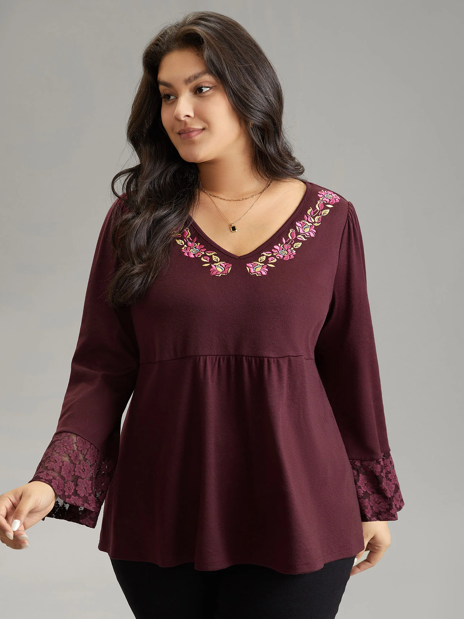 Floral Embroidered Lace Panel Bell Sleeve T-shirt - Image 3