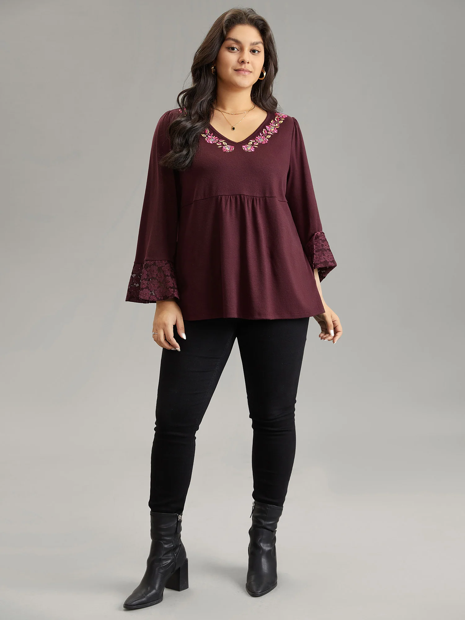 Floral Embroidered Lace Panel Bell Sleeve T-shirt - Image 4