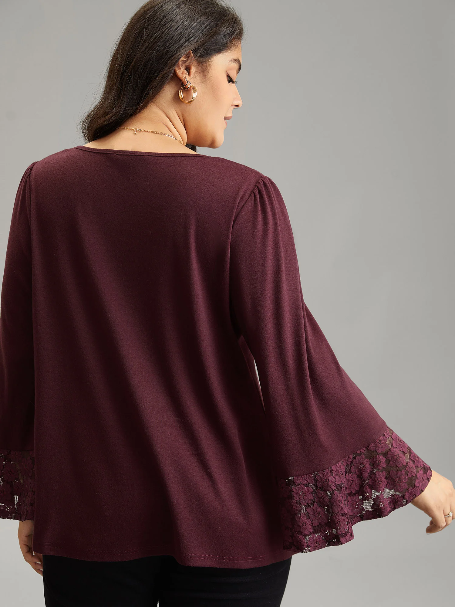 Floral Embroidered Lace Panel Bell Sleeve T-shirt - Image 5
