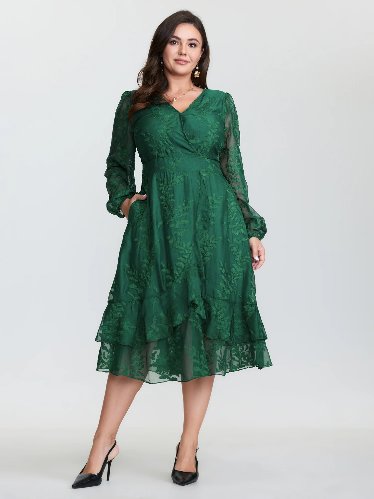 Floral Embroidered Layered Hem Midi Dress - Image 3