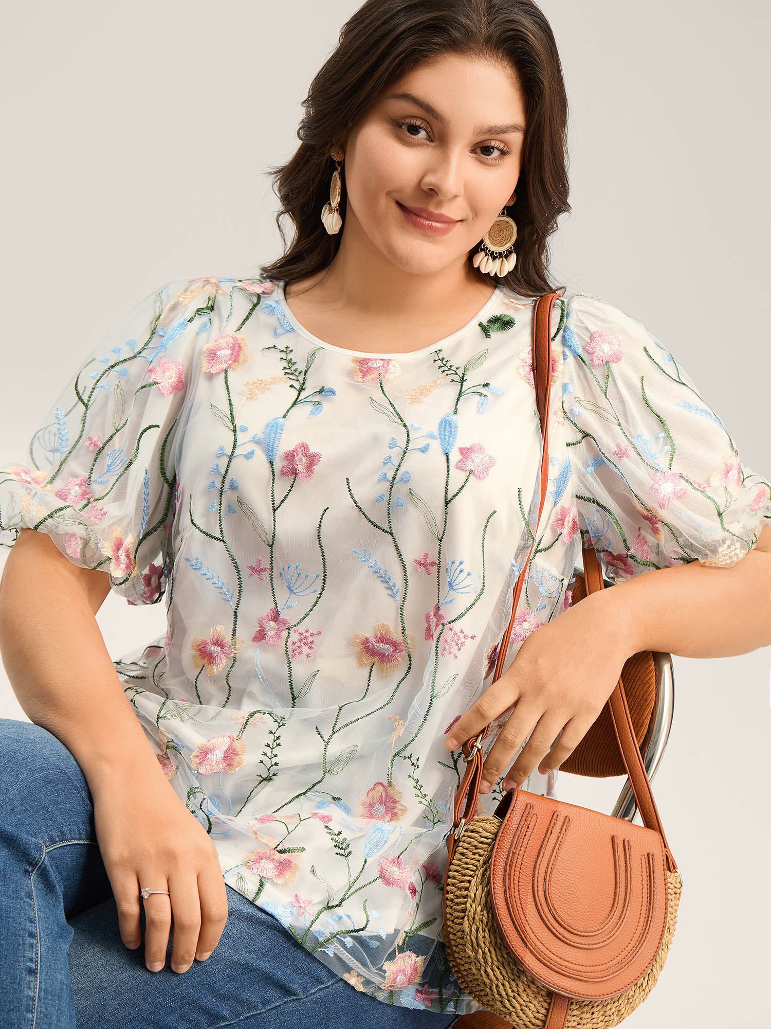 Floral Embroidered Mesh Bubble Sleeve Blouse - Image 3