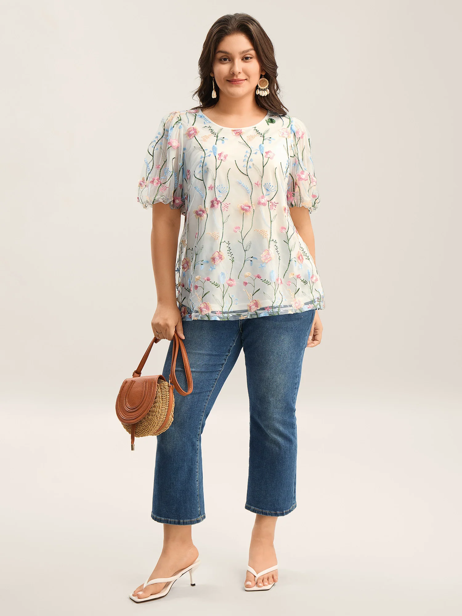 Floral Embroidered Mesh Bubble Sleeve Blouse - Image 4